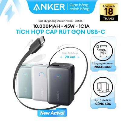 Sạc dự phòng Anker Nano 10000mAh 45w 1C1A tích hợp cáp USB-C A1638