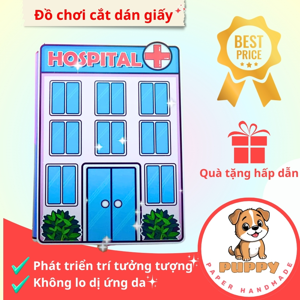 Ngôi nhà búp bê giấy Hospital ABC quiet book - đồ chơi bóc dán sáng tạo - học vui cho bé
