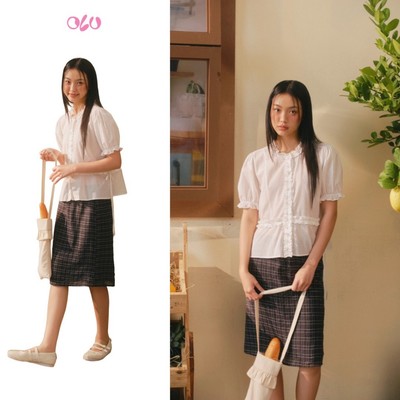 Áo babydoll OLV basic trẻ trung White Ruffled Puff Tied Shirt dễ phối mặc mọi dịp