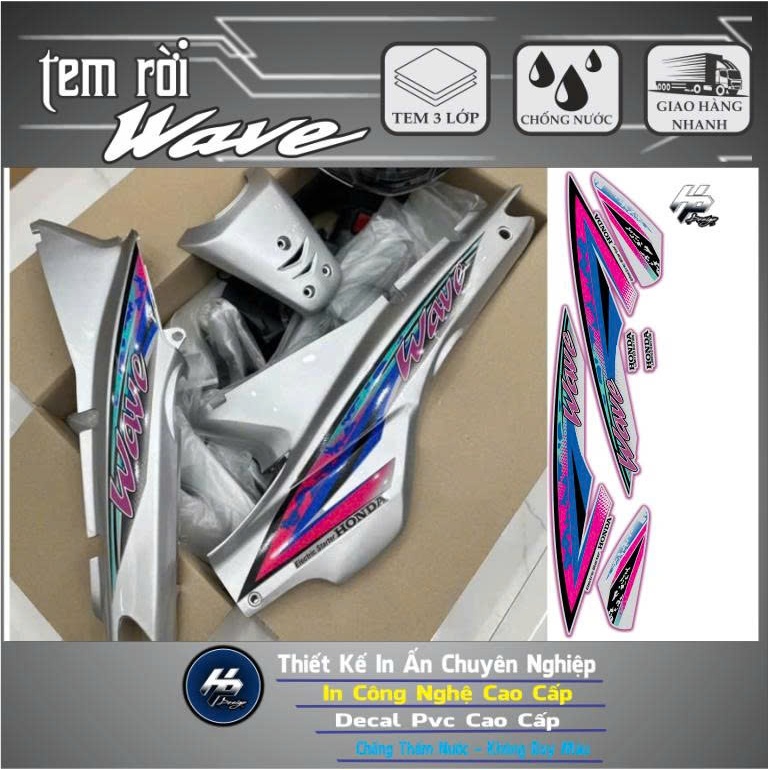 Bộ Tem Rời Xe Wave Nhỏ 110 – Tem Wave Hồng Xanh Tím 3 Lớp Chống Nước – Decal Dán Xe Wave Cao Cấp