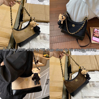  Túi miệng cong chất da phối da lộn 37cm kèm móc treo kitty đeo kẹp nách và dây da đeo chéo siêu xinh 