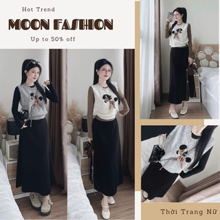  Set đồ nữ áo len gile thêu hình phối áo thun cổ tròn dài tay kèm chân váy dáng dài xòe thời trang nữ Hàn Quốc dễ thương 