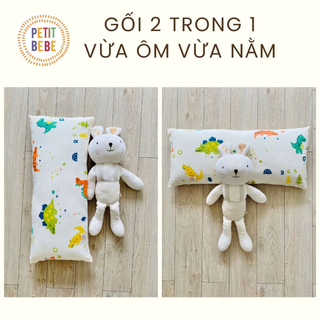 Gối ôm dẹt 2-trong-1 cho bé muslin Petit Bebe gối nằm gối ôm dẹp nhiều họa tiết
