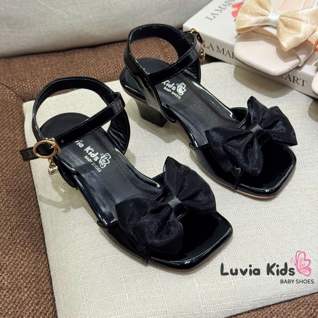 Giày cao gót bé gái 3 phân sandal phối nơ màu đen Luvia Kids X21LK