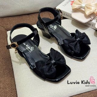 Giày cao gót bé gái 3 phân sandal phối nơ màu đen Luvia Kids X21LK