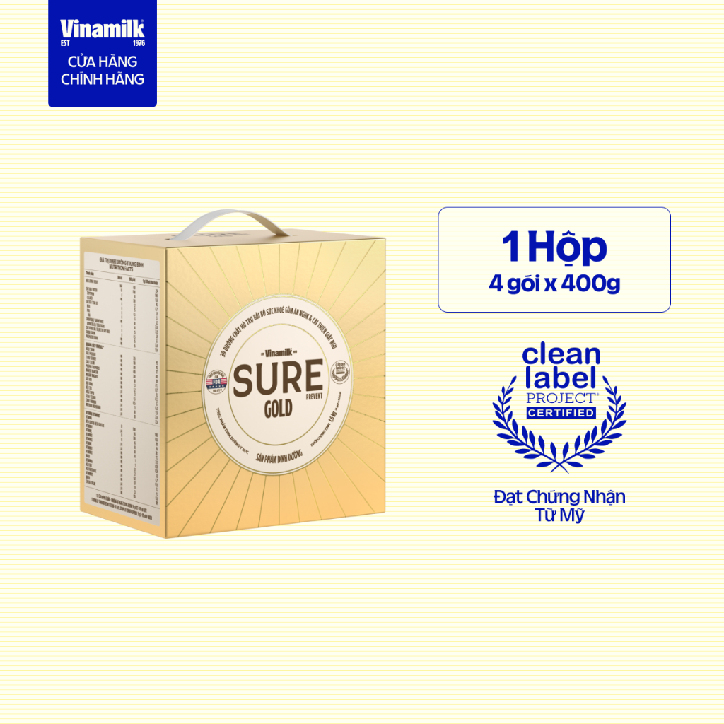 Sữa bột cho người lớn tuổi Vinamilk Sure Prevent 1600g (4 túi x 400g) - Hộp giấy