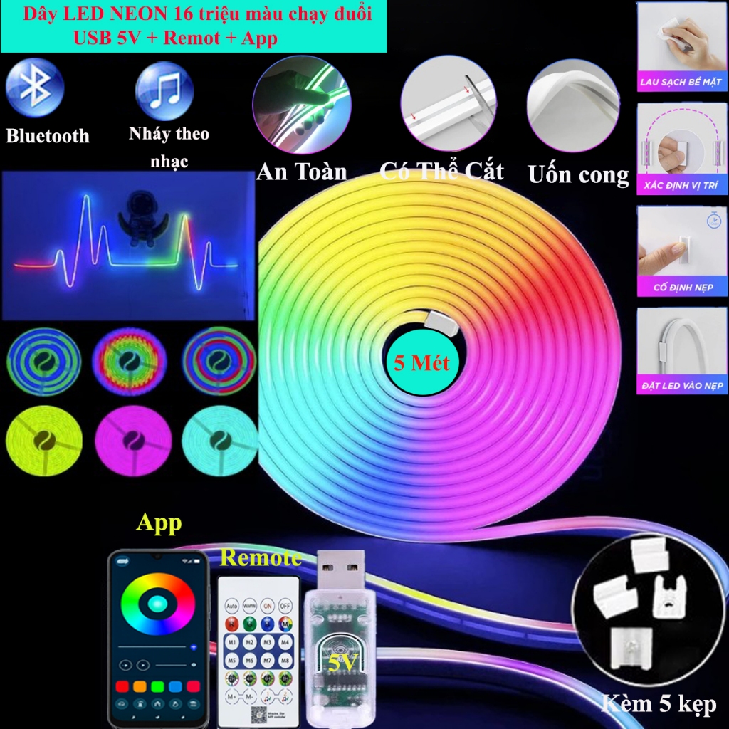 Đèn NEON Flex Dây đèn neon chạy đuổi ARGB trang trí decor tường phòng ngủ, phòng khách, góc làm việc