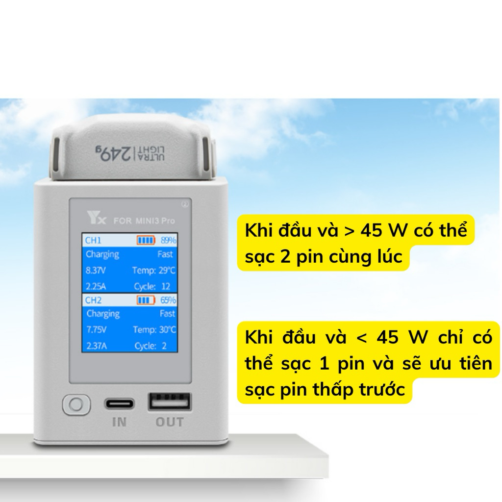 Hub sạc YX 2 khe pin DJI Mini 3 / Mini 3 pro/ Mini 4 Pro tối đa 35W 65W 2 chiều CÓ MÀN HÌNH
