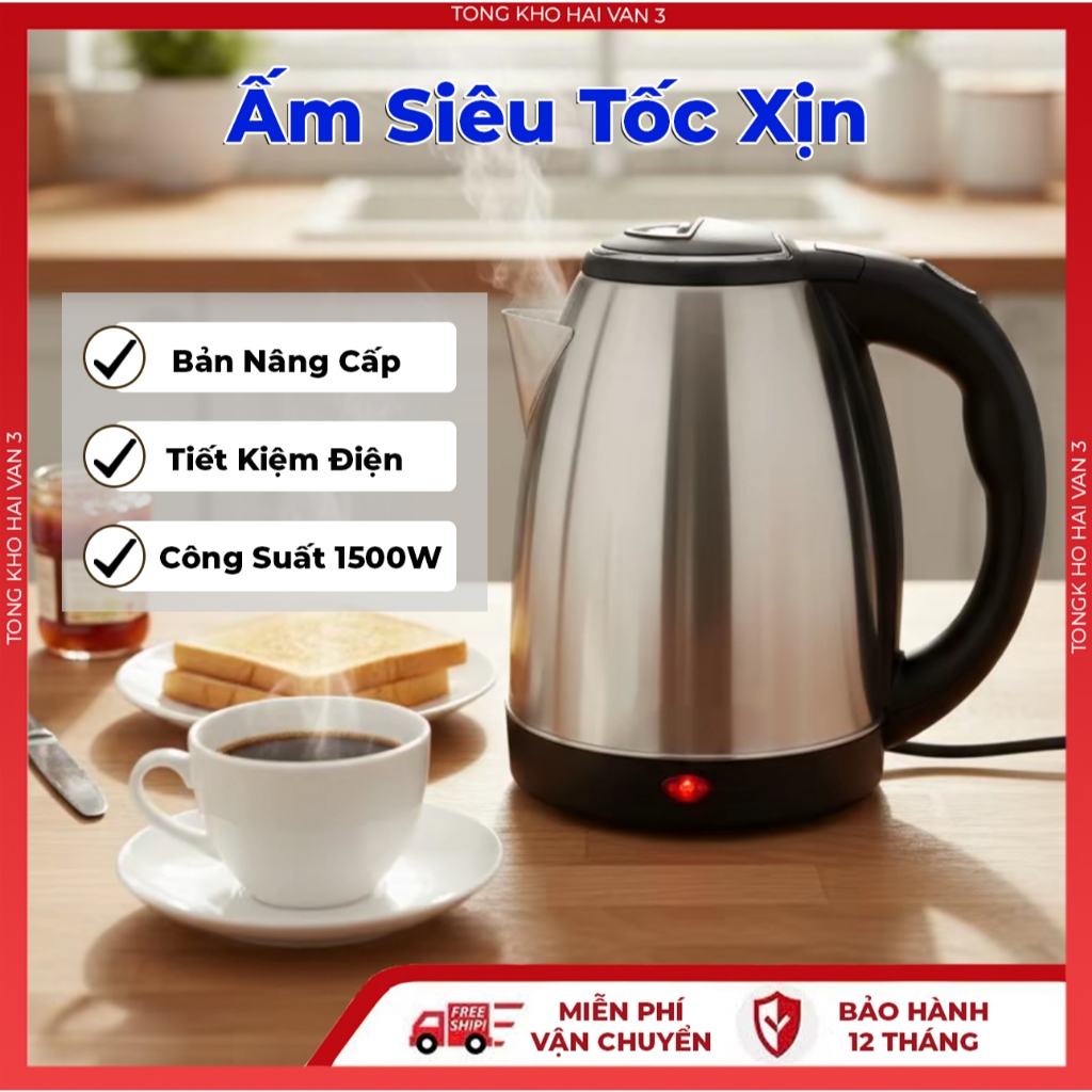 Ấm Siêu Tốc Đun Nước 1.8L, Chất Liệu Inox 2 Lớp, Sôi Nhanh Và Tiết Kiệm Điện , Tự Ngắt Công Suất 1500W An Toàn Tiện Dụng
