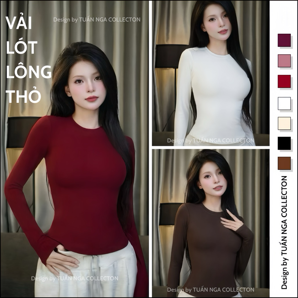 Áo thun nữ tay dài cổ tròn vải LÓT LÔNG THỎ giữ nhiệt TUẤN NGA COLLECTION ôm body sexy chất cotton c
