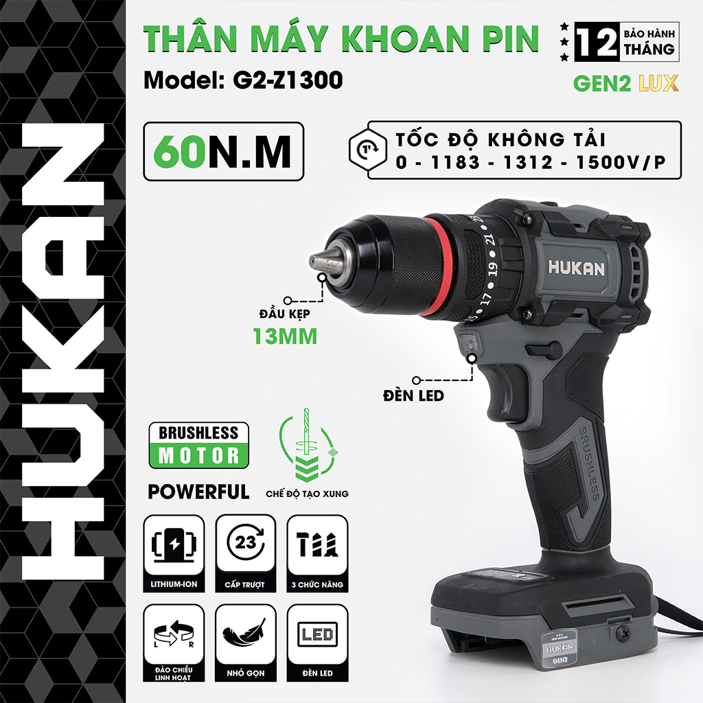 Thân Máy Khoan Pin 13mm HUKAN G2-Z1300 GEN2 LUX – Không Chổi Than, 3 Chế Độ, Lực Siết 60N.m