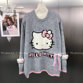    Ảnh thật   9338 Áo len xám viền hồng đính nơ và đính gấu kittin 