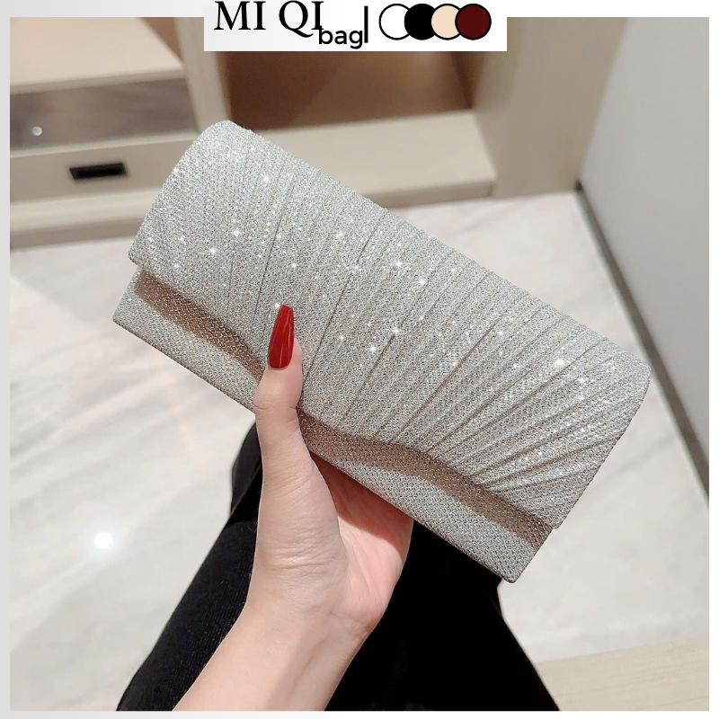 Túi xách nữ Clutch dự tiệc ánh kim bạc bling,Ví nữ cầm tay kim tuyến sang trọng có dây đeo đi chơi tiệc tối MIQI TX-156