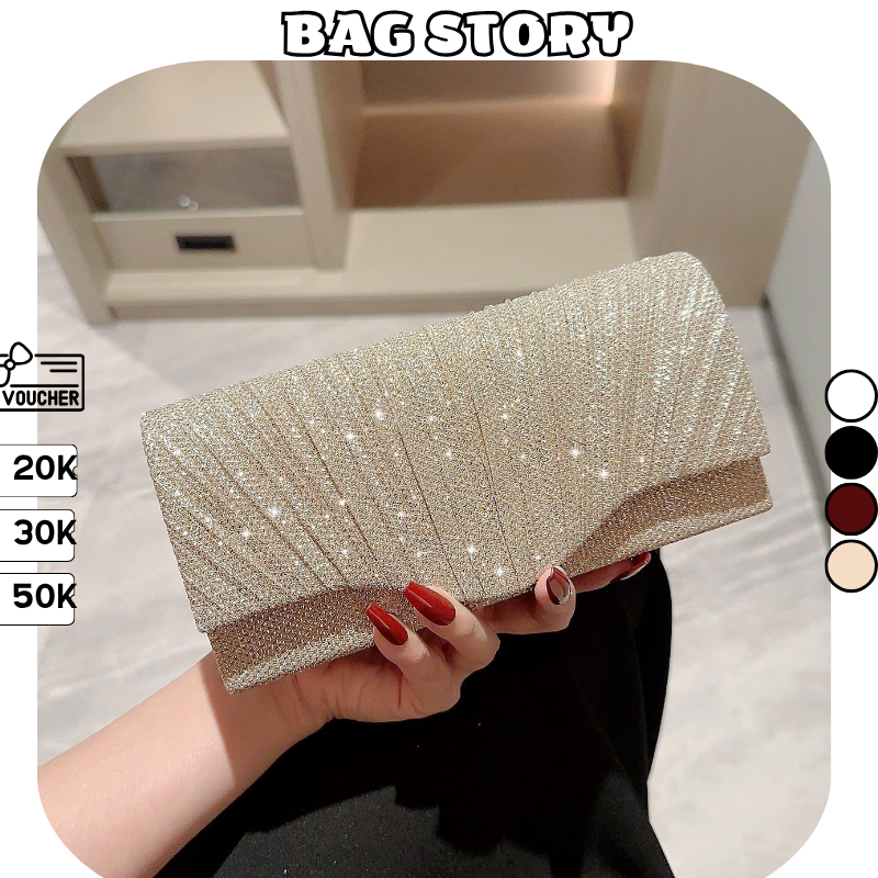 Ví dài cầm tay nữ, Clutch nữ dự tiệc ánh bạc bling có dây đeo cao cấp sang trọng đi tiệc đi chơi BAGSTORY TX-156