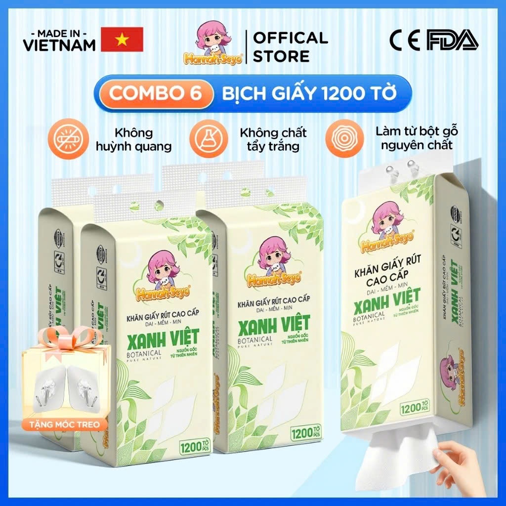 [Combo 6 bịch] giấy rút đáy treo tường Xanh Việt Hannah Seyo 1200 / 1280 tờ 4 lớp mềm mại không tẩy trắng