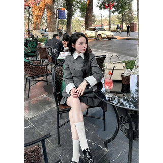  Ann Ann Clothing- Áo dạ xám phối cổ sơ mi trắng Áo dạ ép phối cổ sơ mi trắng + Chân váy xếp ly dáng ngắn tiểu thư sang 