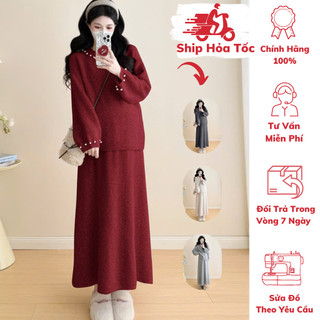    GIÁ MỞ BÁN     40kg - 75kg   Set Áo + Chân Váy Bầu Và Sau Sinh  Len Viền Ngọc  Form Dễ Mặc  MCN 