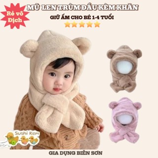  M92 Mũ trẻ em Gấu Shushi kèm khăn quàng cổ màu trơn cho bé 1-4 tuổi 