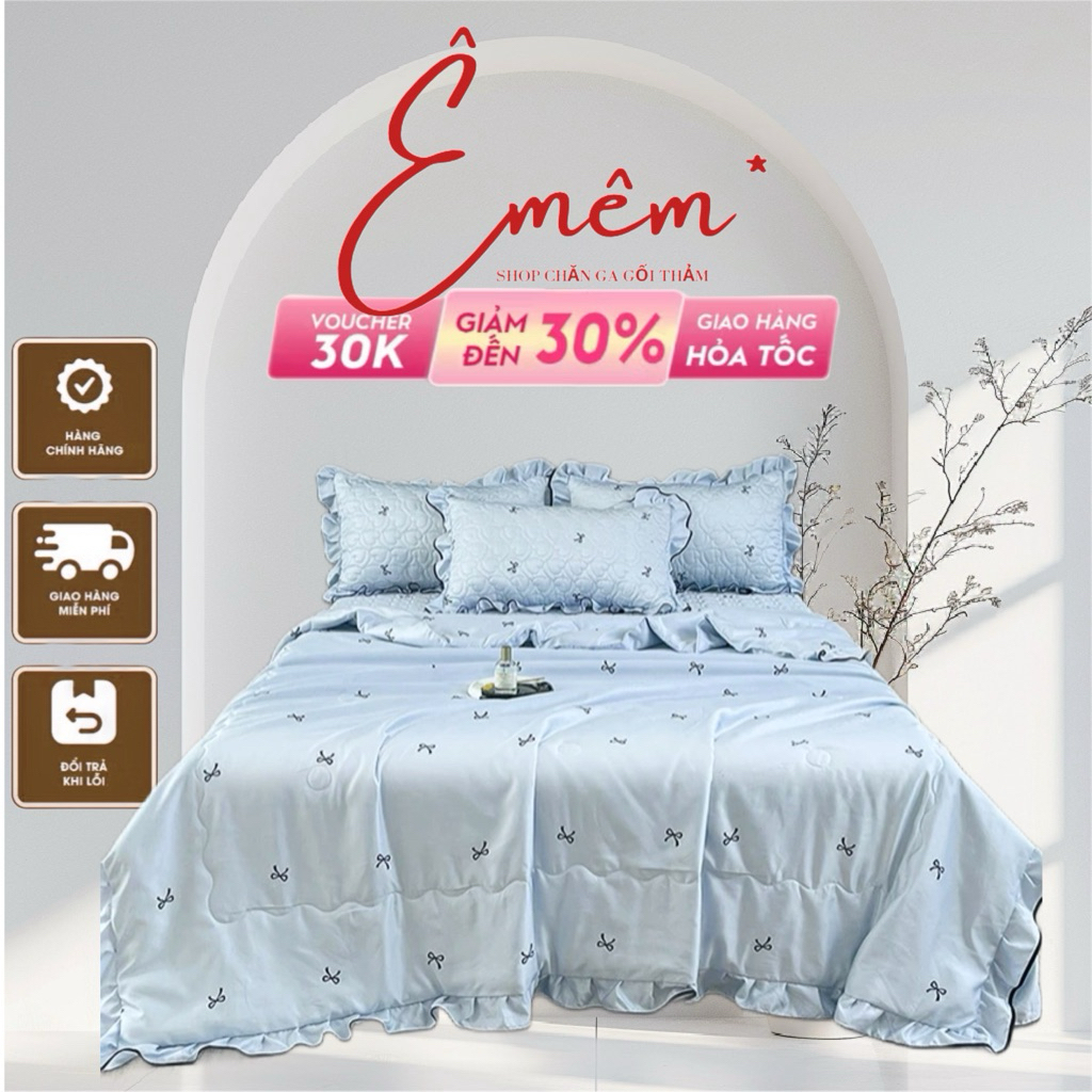 Bộ chăn ga gối trần bông ga phủ phi lụa thêu,có viền bèo xinh xắn,ga trần phủ chống xô lệch