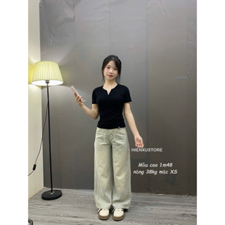    SUÔNG NẤM LÙN   Quần Jeans Suông Nữ Xếp Li Màu Xanh Bụi Nấm Lùn 