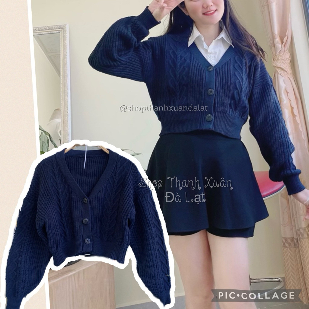 Hình thật Khoác len đi học, len học sinh xanh đen phom crotop, cổ V thừng mềm dễ mặc