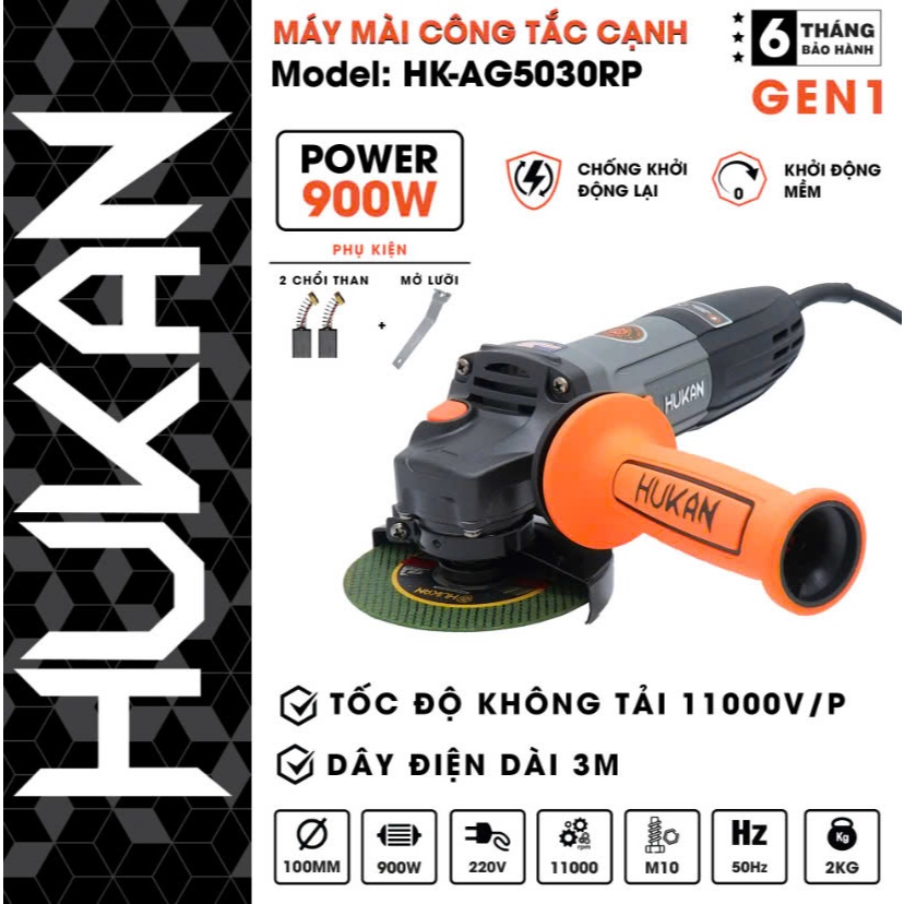 Máy mài cắt góc cầm tay HUKAN HK-AG5030RP, Công suất 900w - Khởi động mềm - Chống khởi động lại
