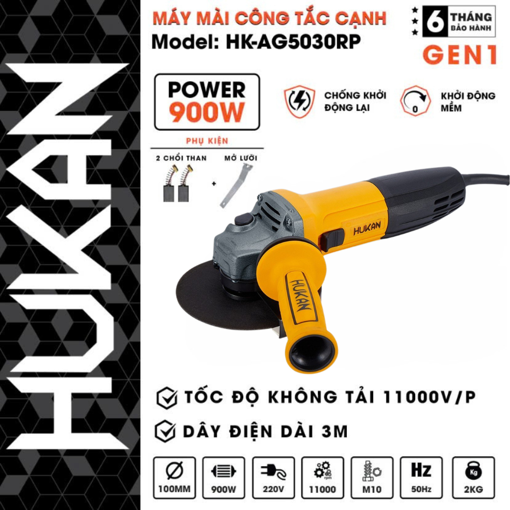Máy mài cắt góc cầm tay HUKAN HK-AG5030RP, Công suất 900w - Khởi động mềm - Chống khởi động lại