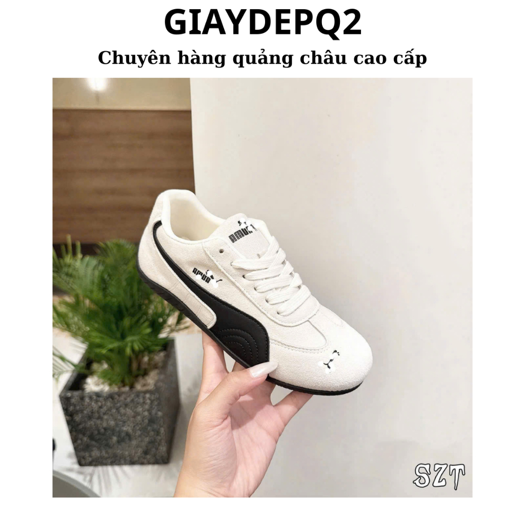 Giày thể thao da lộn thêu chữ phối viền màu trắng kem hot 2025