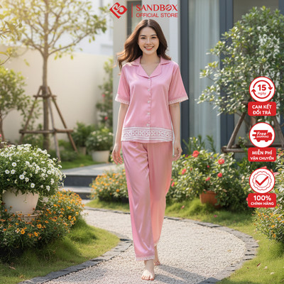 Bộ pijama SANDBOX lụa latin cao cấp mềm mịn, màu trơn phối họa tiết thiết kế thanh lịch sang trọng