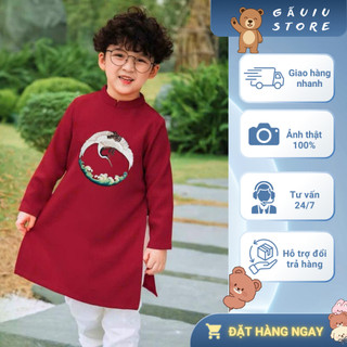 Áo Dài Bé Trai Thêu Bạch Hạc Cao Cấp – Áo Dài Tết Cho Bé Trai Màu Đỏ/Xanh, Chất Vải Mềm Mịn, Dáng Đẹp Sang Trọng