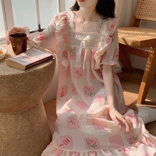  Váy ngủ đầm ngủ nữ tay lỡ mặc nhà mùa hè thoải mái phong cách tiểu thư hàn quốc chất đũi xốp mềm mại 