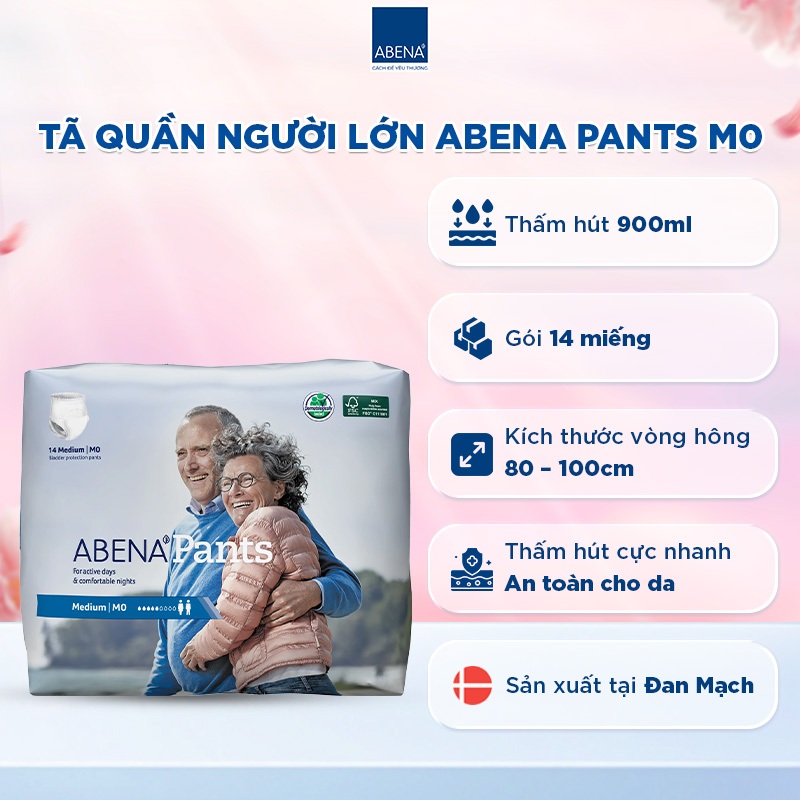 Tã quần người lớn Abena Pants M0 14 miếng/gói, thấm hút 900ml - Khô thoáng suốt cả ngày - Nhập khẩu từ Đan Mạch