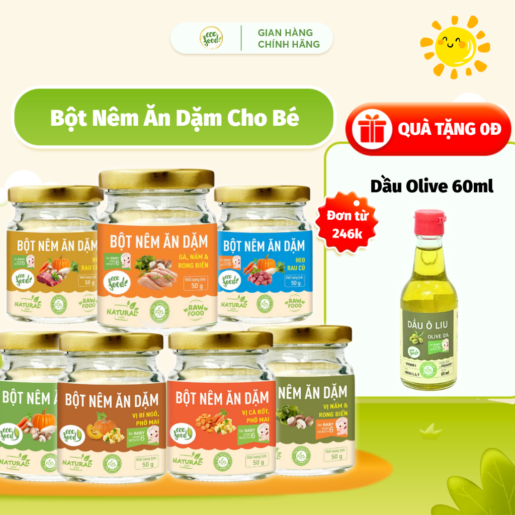  Bột Nêm Ăn Dặm Cho Bé ECOFOOD - Gia Vị Ăn Dặm Vị Heo,Bò,Gà,Vị Rau Củ Tổng Hợp,Cà Rốt,Nấm - 50gr 