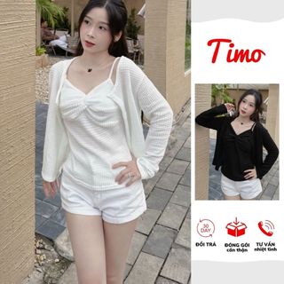  Set 2 áo cardigan dài tay kèm áo dây nơ ngực phong cách Hàn Quốc tôn dáng quyến rũ  kèm quà tặng  AOT074 