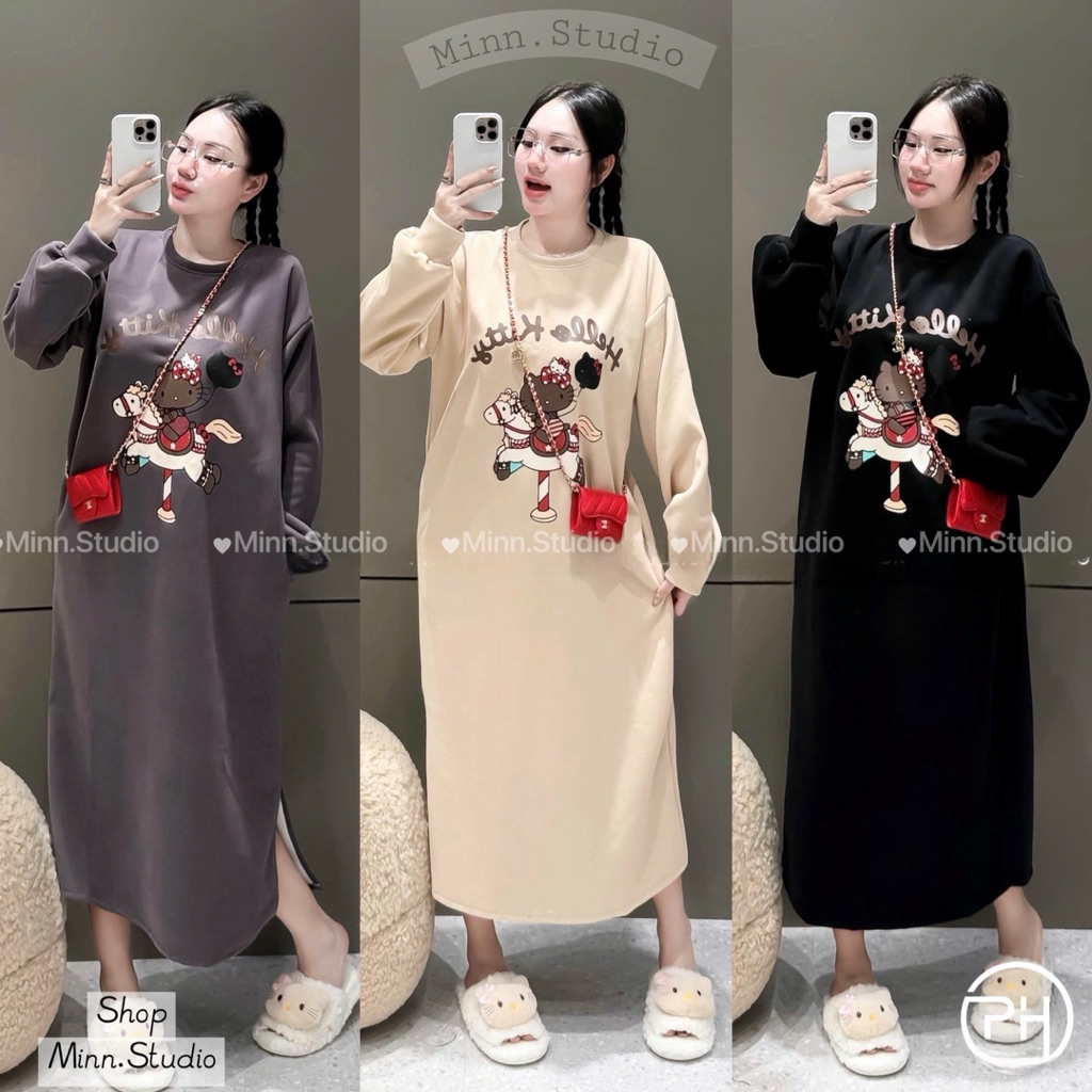 [Minn.studio] Váy Nỉ 2Da Cổ Tròn In Hello Kitty Phom Suông Rộng