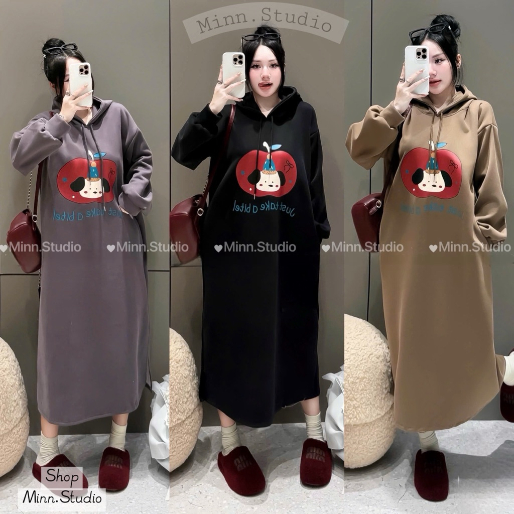 [Minn.studio] Váy Nỉ Mũ 2Da in Hình Dễ Thương. Phom Suông Rộng