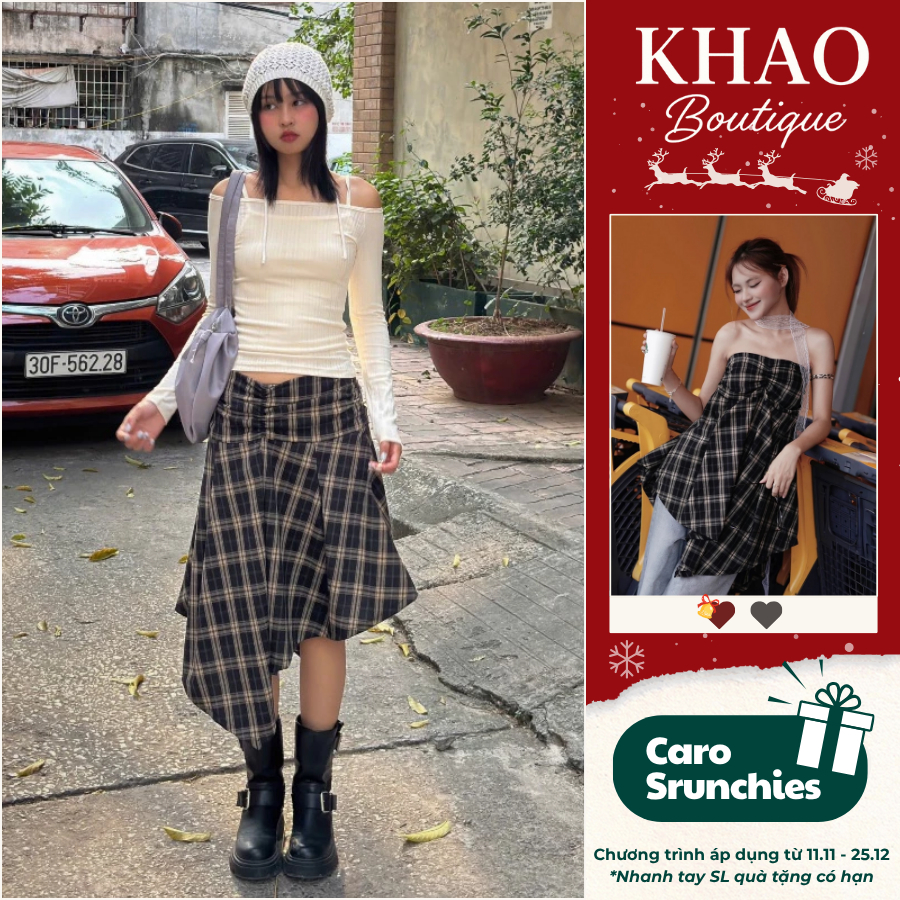   MẶC 2 KIỂU  Chân Váy  Áo CARO Dáng Dài Vạt Chéo chân váy dài họa tiết caro kẻ sọc | KHAO Boutique 