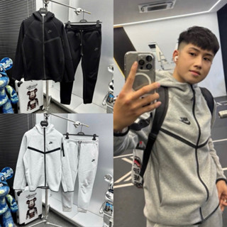  Bộ quần áo nỉ dài tay thể thao nam Ny Kè Tech dệt viền gân đen xám ngực thêu logo nổi 