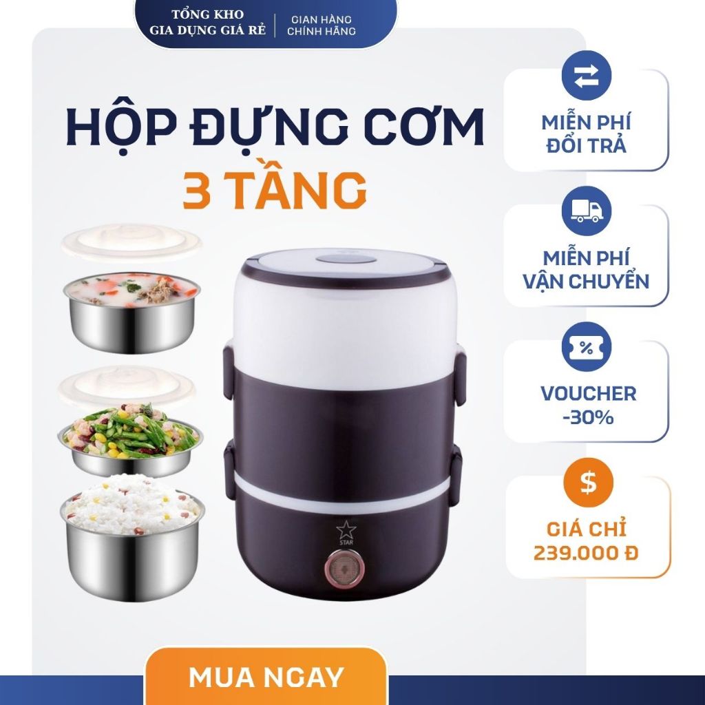 Hộp đựng cơm hâm nóng cắm điện 3 tầng, cặp lồng cơm văn phòng giữ nhiệt, hâm nóng nhanh thức ăn lõi inox cao cấp