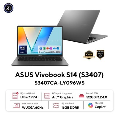Laptop ASUS VivoBook S14 S3407CA-LY096WS, Core Ultra 7 255H, 16GB, 512GB, 14.0 FHD+ IPS, Win11, Office24, Basic365