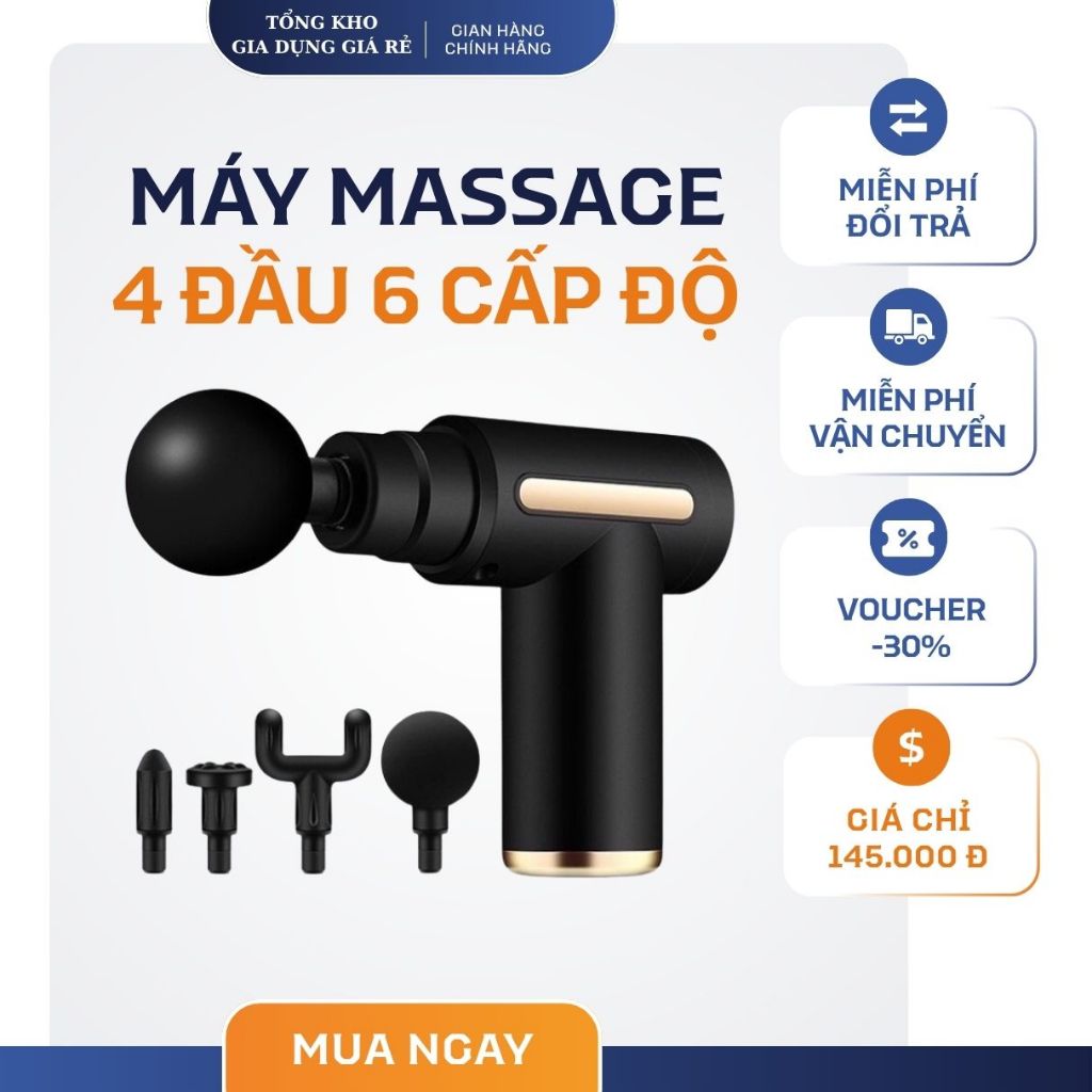 Máy massage cầm tay Gun 4 đầu 6 tiêu chuẩn cấp độ trị nhức nhối body hiệu quả, súng đấm lưng xoa bóp mini - DL2