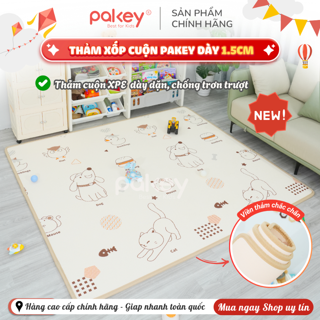 [NEW 2026] Thảm Cuộn XPE Pakey Dày Dặn 1.5CM, Thảm Xốp Trải Sàn Chống Thấm Nước Êm Ái Cho Bé Tập Chơ