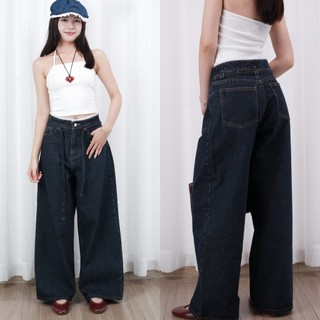 Easy Denim - Quần Jeans Ống Suông, Ống Rộng Thiết Kế Viền Ren Tôn Dáng Cạp Cao cho Nữ