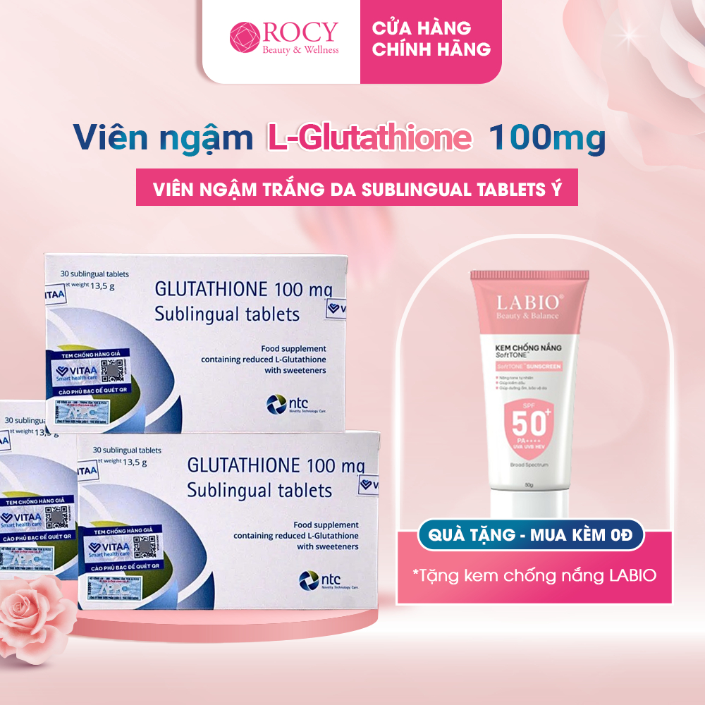 [COMBO 3 HỘP ] Viên Ngậm Trắng Da Toàn Thân Glutathione 100mg Nhập Nhẩu Italy Tặng Kem Chống Nắng LABIO