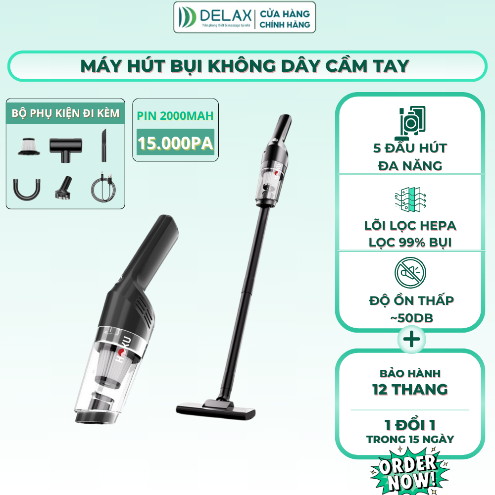 Máy Hút Bụi Không Dây Mini DELAX 25000Pa Đa Năng, Nhỏ Gọn, Tiện Lợi, Hút Bụi Gia Đình, Ô Tô MHB03