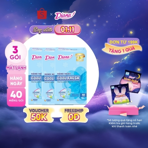 Bộ 3 Băng vệ sinh Diana hàng ngày Sensi Cool Fresh gói 40 miếng