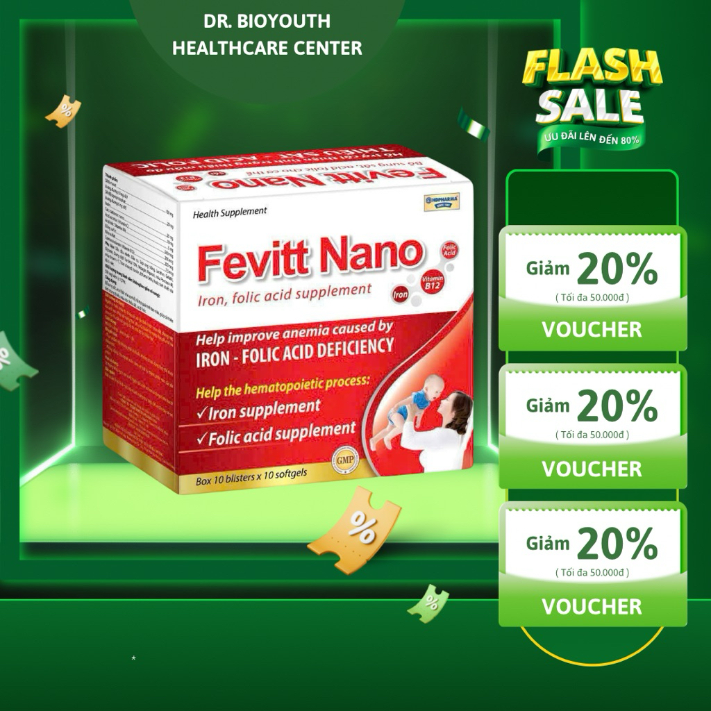 100 Viên Sắt Fevitt Nano HDPHARMA bổ máu, bổ sung Sắt hữu cơ, Acid Folic