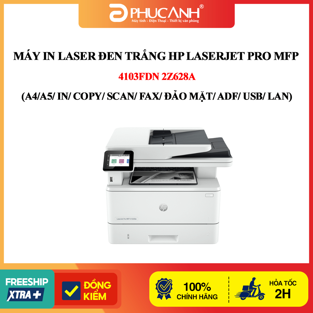 Máy in laser đen trắng HP LaserJet Pro 4103FDN 2Z628A (A4/A5/ In/Copy/Scan/ Fax/Đảo mặt/ADF/USB/LAN)