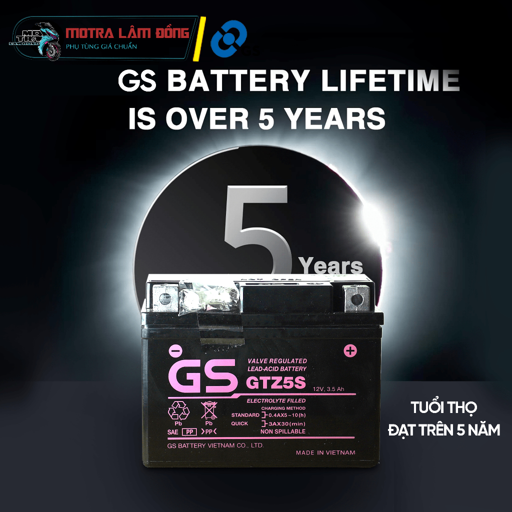 BÌNH ẮC QUY XE MÁY GS GTZ5S (12V-3.5AH) ( BÌNH LÙN) DÙNG CHO Airblade 110, Vision 2011-2013, WAVE, F