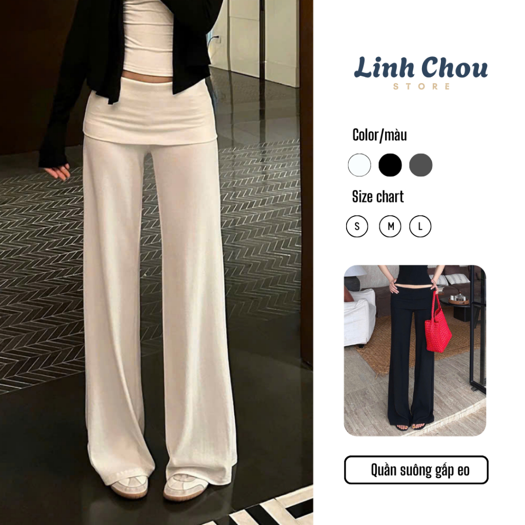 Quần ống suông gấp eo dày dặn ống rộng siêu hack dáng tăm cotton ép mịn